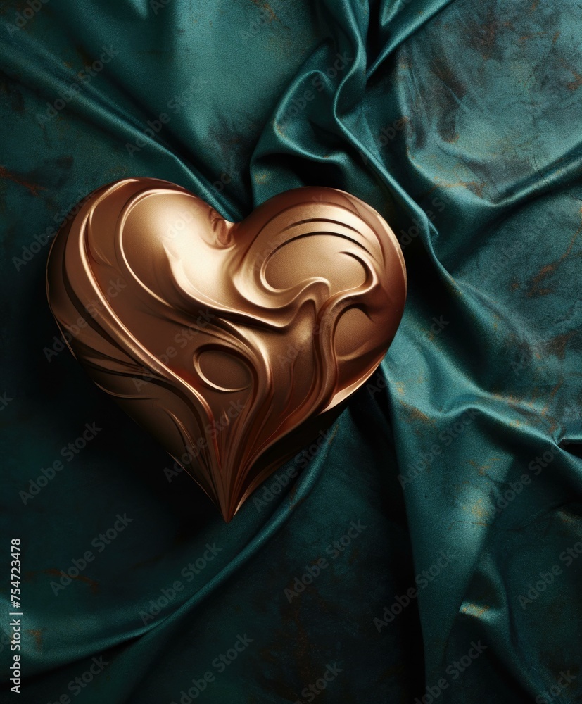 Wall mural A heart-shaped chocolate bar on a luxurious blue silk background. Generative AI.