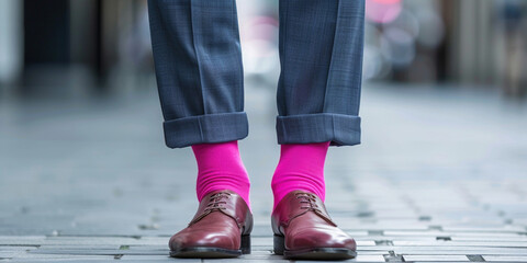 Self-expression, gender equality, equal rights, being yourself, gender stereotypes concept. Man feet shoes and business suit, wearing pink socks - obrazy, fototapety, plakaty
