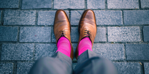 Man feet shoes and business suit, wearing pink socks. Self-expression, gender equality, equal rights, being yourself, gender stereotypes concept - obrazy, fototapety, plakaty