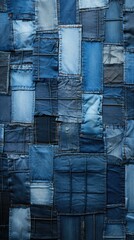 A close up of a patchwork of blue jeans. Generative AI. - obrazy, fototapety, plakaty