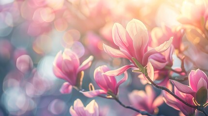 pink flowers of magnolia tree in spring. selective focus and copy space,generative ai, 