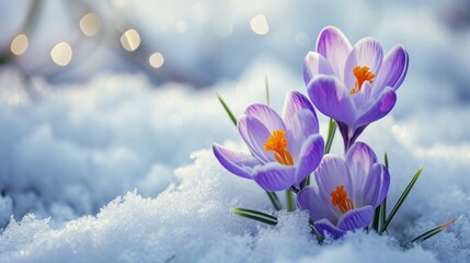 Cluster of purple flowers on snow-covered ground