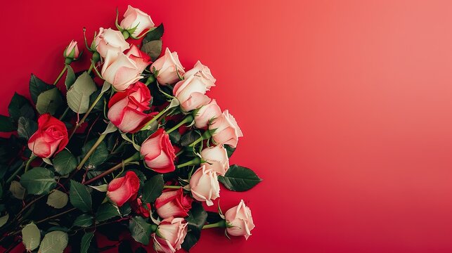 Studio image of delicate beautiful roses bouquet over bright red background on Valentine Day,generative ai