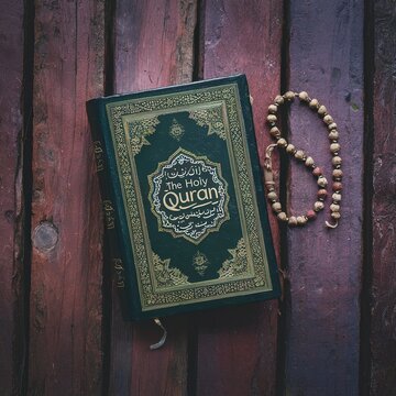 The Holy Quran. Muslims holy book Koran. The Holy Quran with praying beads on wooden background