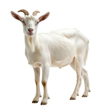 Saanen goat in natural pose isolated on white background, photo realistic