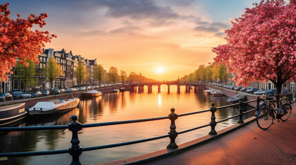 Beautiful sunrise over Amsterdam The Netherlands - obrazy, fototapety, plakaty
