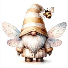 An illustration of a gnome in a bee outfit with wings, the gnome’s large hat obscures the eyes, revealing only a round nose and a beard, rendered in watercolor style. - obrazy, fototapety, plakaty