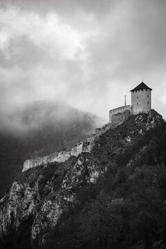 Black&white Photo Of The Old Fort On The Hill With Clouds In Background, Uzice, Serbia