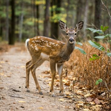 White tailed deer fawn witj hind on natural trail