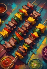 Vibrant Display of Kebabs, A Culinary Artwork of Flavors and Textures, Generative AI
