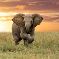 Fototapeta na wymiar World Wildlife Day, Elephant Baby Running Between The Tall Grass Of African Jungle during Sunset