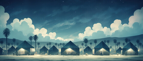 a many huts in the desert with palm trees - obrazy, fototapety, plakaty