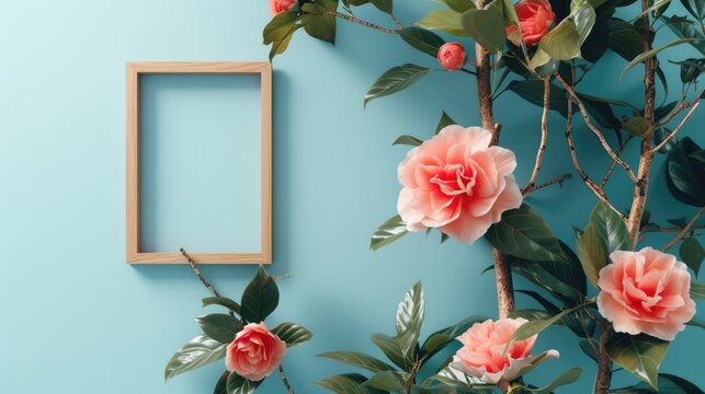 Vertical empty wooden vintage picture frame with beautiful pink camellia flowers branches on light blue background. 3D mockup wooden frame