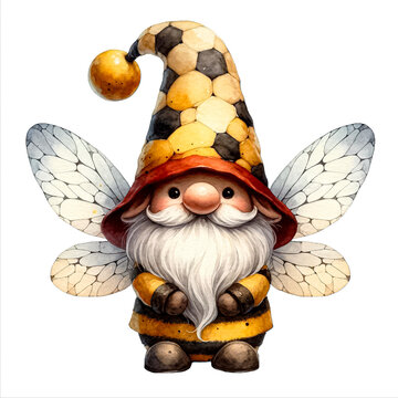 An illustration of a gnome in a bee outfit with wings, the gnome’s large hat obscures the eyes, revealing only a round nose and a beard, rendered in watercolor style.
