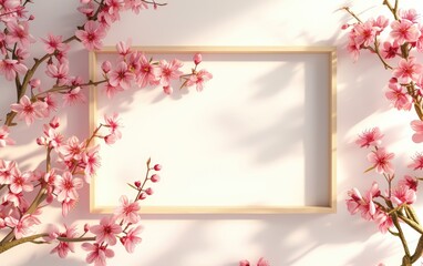 Blank wooden frame nestled amidst a cascade of soft pink plum (ume) blossoms with a white background and natural sunlight. 3D mockup blank frame
