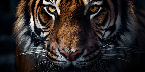 close up of a tiger, Male bengal tiger's head in closeup photo as if looking directly at the camera, Male bengal tiger's head in closeup photo , Generative AI
