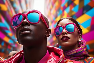 Stylish couple with sunglasses posing against vibrant graffiti backdrop