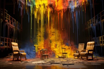 Artistic abstract scene with colorful paint drips in an empty warehouse