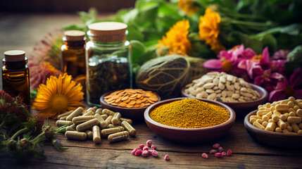 Supplements and vitamins with medicinal herbs  - obrazy, fototapety, plakaty