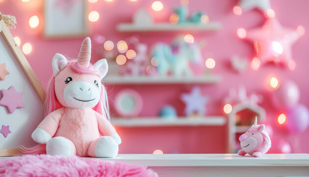 Unicorn on a Starlit Shelf - Photography backdrop.
A delightful unicorn toy sitting on a shelf with star and pink decor for a magical atmosphere.