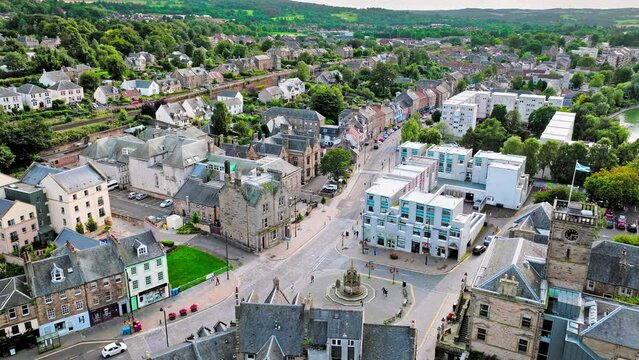 Aerial view of Linlithgow ancient town. Residential Scottish houses in Scotland, United Kingdom.
