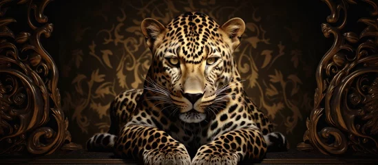 Fotobehang A large leopard with a baroque background is sitting majestically on top of a wooden floor in this image. The leopards powerful presence is highlighted against the rustic wooden flooring. © TheWaterMeloonProjec