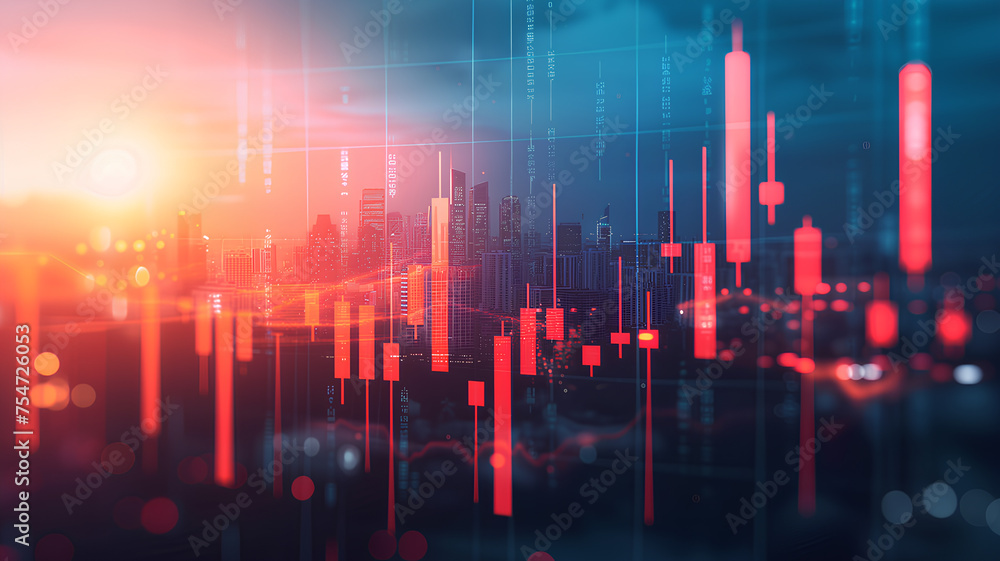 Aufkleber a close up of a bunch of dollar bills and a graph with red and blue lines. the graph is showing the 