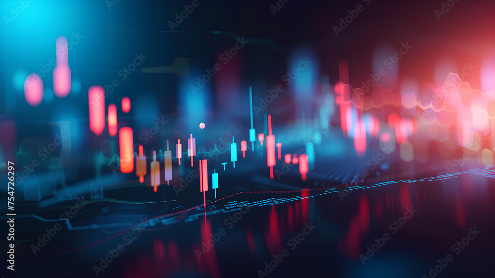 Poster a close up of a bunch of dollar bills and a graph with red and blue lines. the graph is showing the 