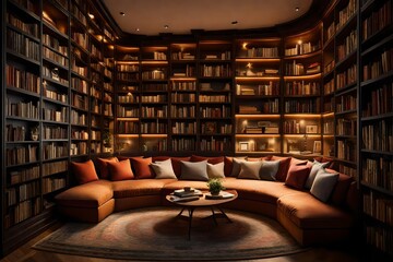 A cozy reading nook in a corner, adorned with warm lighting and floor-to-ceiling bookshelves. - obrazy, fototapety, plakaty
