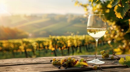Empty wooden table top with glass of white wine on vineyard background with copy space. - obrazy, fototapety, plakaty