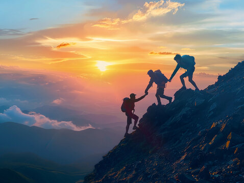 People helping each other hike up a mountain at sunrise. Giving a helping hand, and active fit lifestyle concept. 