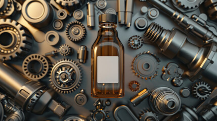 Machine parts and gears creating a striking backdrop for a clear central bottle with a white label