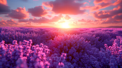 Sunset over the lavender field. 3d render. Beautiful landscape.