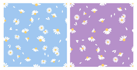 Fototapeta na wymiar Seamless pattern with daisy chamomile flower and flying petals on blue and purple backgrounds vector. Cute floral print fabric.