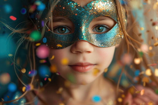 Little girl in carnival mask and confetti on blue background.