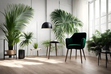 The high-resolution image reveals the sophistication of an interior space, featuring a black chair and a vibrant green palm plant as key design elements.