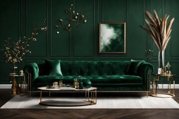 Picture a luxurious dark green setting with a mock-up frame above a plush sofa, a trendy table, fur accents, and a vase holding a gracefully arranged branch, all in crystal-clear HD.