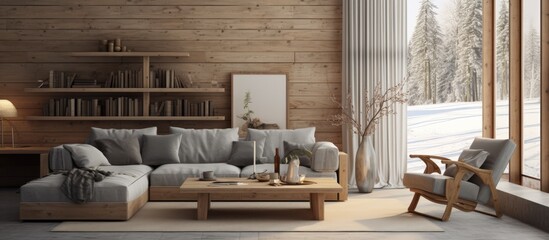 A spacious living room furnished with Nordic-style furniture, including a sofa, coffee table, and bookshelves. A large window dominates one wall, allowing natural light to flood the room.