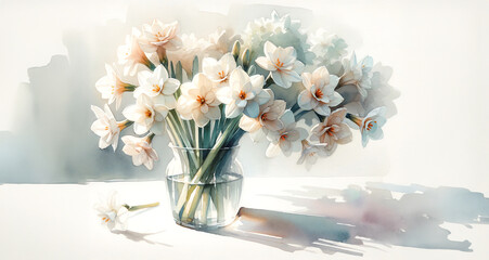 Watercolor painting of Paperwhite flowers in soft pastel color tones