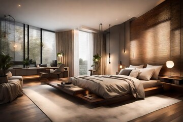 Naklejka na ściany i meble An inviting bedroom with a platform bed, neutral tones, and soft ambient lighting.