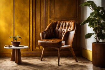 A close-up shot of a luxurious brown leather chair with a beige pot on a yellow and white wooden...