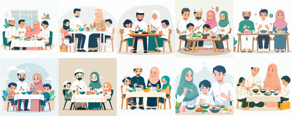 Vector set of Muslim family eating in flat design style