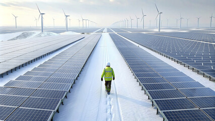 A construction worker walks through a solar field with the solar panels covered in snow. They don’t produce any power like this. Wind turbines for power production are seen at the horizon.