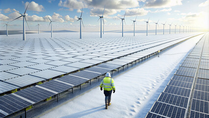 A construction worker walks through a solar field with the solar panels covered in snow. They don’t produce any power like this. Wind turbines for power production are seen at the horizon.