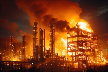 Industrial inferno at a chemical plant, dramatic night scene with flames and smoke, concept of industrial hazards and fire safety