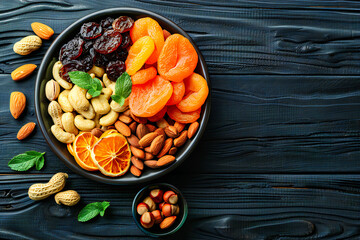 Healthy Mixed Nuts and Dried Fruits in Rustic Bowls, Nutritious Snack Selection, Organic and Vegan Food Concept