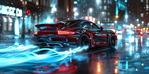A red sports car with bright automotive lighting is speeding down a rainsoaked city street at night, showcasing sleek automotive design and shiny wheels - obrazy, fototapety, plakaty