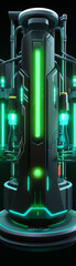 A futuristic vaccine dispenser with glowing green vials