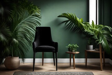 An HD image showcases a black chair beside a flourishing green palm plant, providing a glimpse into a well-designed and inviting interior space.