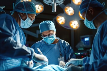 Team of surgeons in blue scrubs performing operation in a surgical room, concept of healthcare, precision, and teamwork in medicine